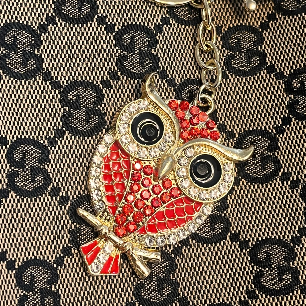 Owl Gold Bag Charm Keychain with Black & Red Enamel and Rhinestones